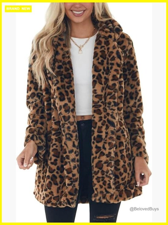 Jackets & Blazers - Faux Fur Jacket Leopard Print Coats Loose Open Front with Pockets